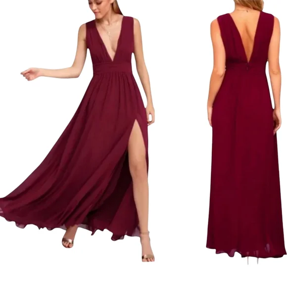 heavenly hues burgundy maxi dress Sky to Moon Blaire Burgundy Satin Maxi Dress | Wine Babydoll Tiered Fit-and-Flare A-Line Corset Top